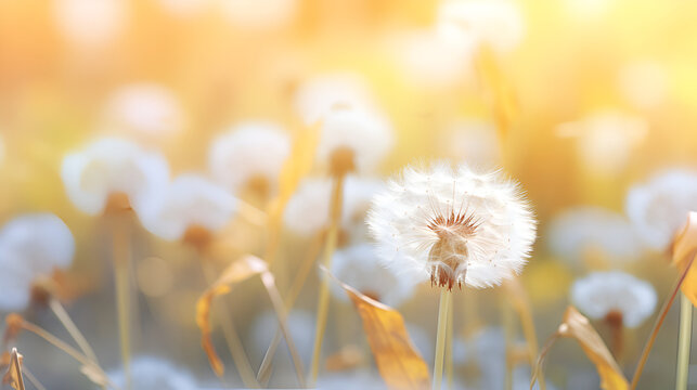 White fluffy dandelions in sunset dandelions field wallpaper fluffy flora with golden back ground
 