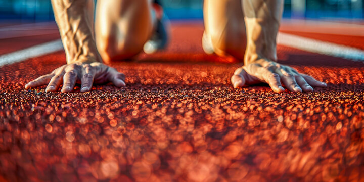 Close-up of an athlete's hands and feet positioned on a vibrant athletic track