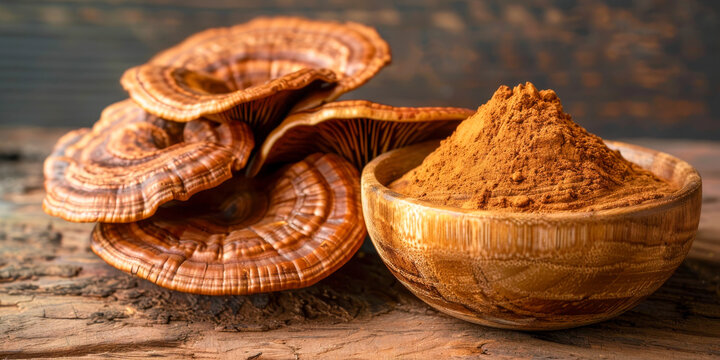 Organic Reishi Mushroom Powder and Dried Ganoderma Slices on Wooden Background
