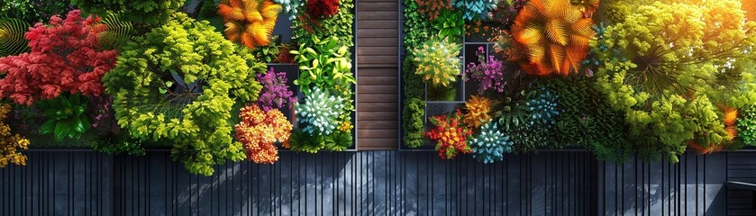 In a vibrant urban rooftop garden, a team of architects and botanists are designing a vertical forest They are carefully arranging colorful flowers and plants on the buildings exterior - obrazy, fototapety, plakaty
