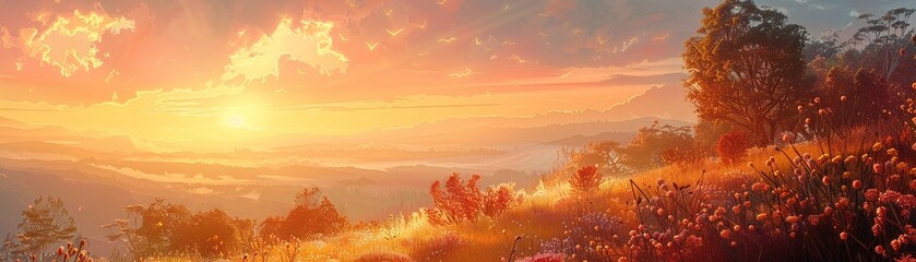 Sunset hilltop romance, painting style, golden hour lighting