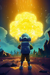 3D cartoon of kid in gas mask, facing a nuclear explosion - obrazy, fototapety, plakaty