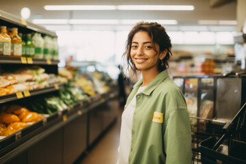 Occupation, business, lifestyle concept. Portrait of casual woman working in grocery store full of various products