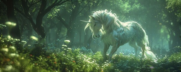 Amidst a lush forest filled with bioluminescent flora, an ethereal unicorn-like creature made of shimmering energy is seen merging its consciousness with the surrounding nature 3D Render, Backlights,