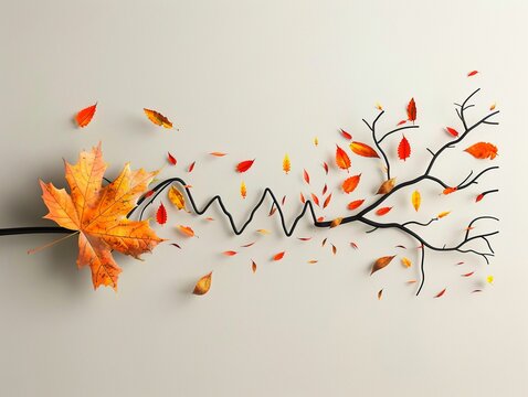 EKG line transforming into branches with autumn leaves.