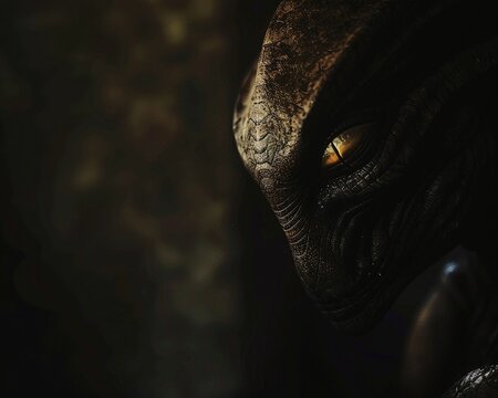 Close-up of an alien figure's eye, conveying mystery and intelligence with a dark backdrop.