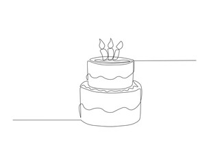 Continuous Line Drawing Of Birthday Cake. One Line Of Cake. Birthday Cake Continuous Line Art. Editable Outline.