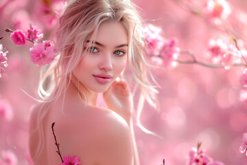 Naklejka premium portrait of beautiful woman on pink cherry blossom background