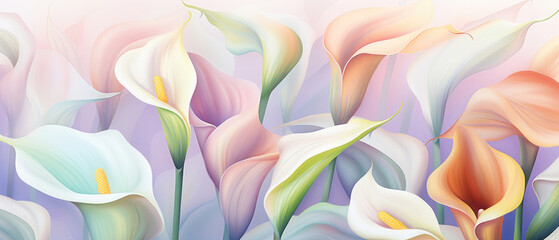 Collection of Colorful Calla lily Flowers blooming in soft pastel bright colors on a vast natural spring floral background created with Generative AI Technology