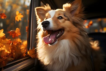 The happy dog is leaning out the car window. Its fur flutter in the wind together with orange fall leaves on its joyful autumn journey - obrazy, fototapety, plakaty