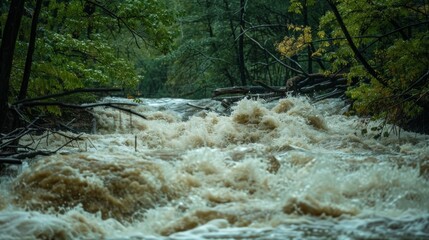 A raging river swollen by the constant deluge of rain rushing through the forest and knocking down trees in its path. - obrazy, fototapety, plakaty