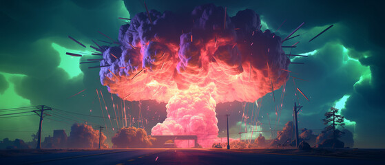 3D scene of atomic bomb impact, amidst chemical and biological warfare