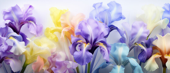 Collection of Purple Iris flowers blooming in soft pastel bright colors on a vast natural spring floral wide background created with Generative AI Technology