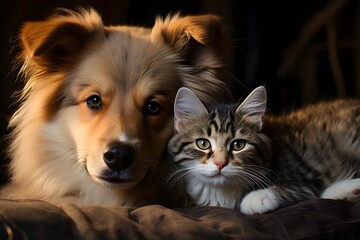 Fototapeta na wymiar Adorable puppy and kitten lying together in a loving embrace