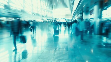 Beautiful stock image of a busy airport with people walking around. It has blue and white colors. and motion blur effect. ai generated.