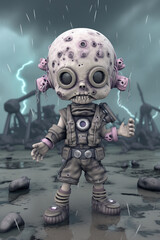 Animated child zombie, 3D rendered nuclear mushroom backdrop,