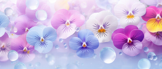 Collection of Pink Purple Pansy flowers blooming in soft pastel bright colors on a vast natural spring floral wide background