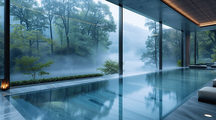 Modern Home Interior with Reflective Floor Overlooking Misty Forest