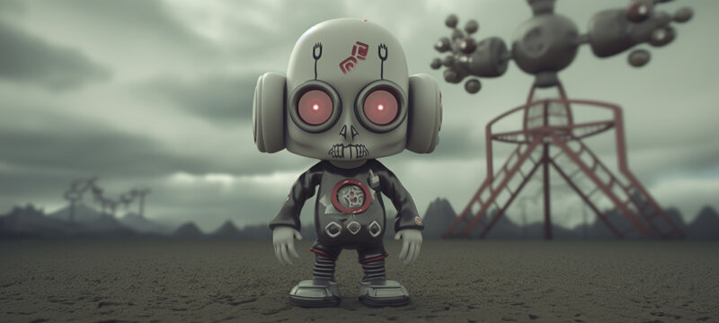 Animated kid zombie, gas mask, nuclear mushroom cloud