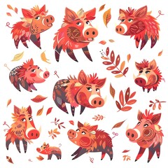 Whimsical graphic cartoon illustration of joyful wild boars pigs on white background