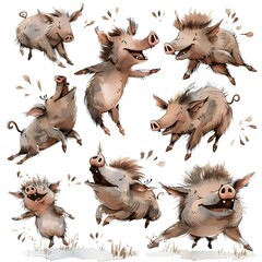Whimsical graphic cartoon illustration of joyful wild boars pigs on white background