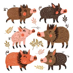 Whimsical graphic cartoon illustration of joyful wild boars pigs on white background