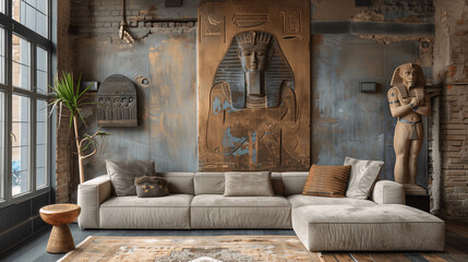 Fototapeta premium Egyptian-Themed Living Room with Modern Furniture