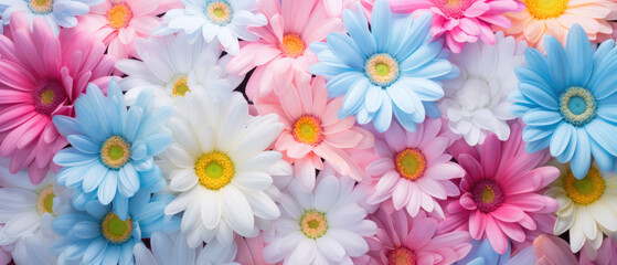 Collection of Colorful Daisy flowers blooming in soft pastel bright colors on a vast natural spring floral wide background created with Generative AI Technology 