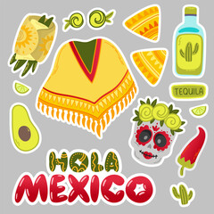 Cartoon flat Mexican national symbols. Hola Mexico