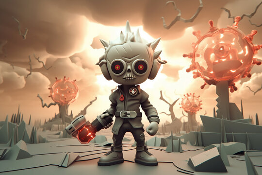 Cartoon 3D render of a kid in a gas mask, standing against a nuclear explosion