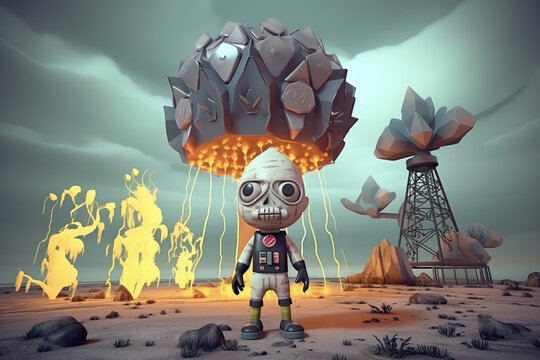 Cartoon 3D render of a kid in a gas mask, standing against a nuclear explosion
