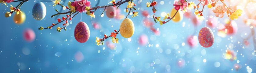Obraz na płótnie Canvas Festive Easter Eggs Hanging on Spring Blossom, Celebrating Renewal & Joy