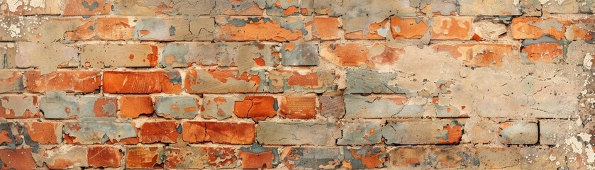 Aged Brick Wall with Peeling Paint Texture, Evoking Time's Relentless Passage


