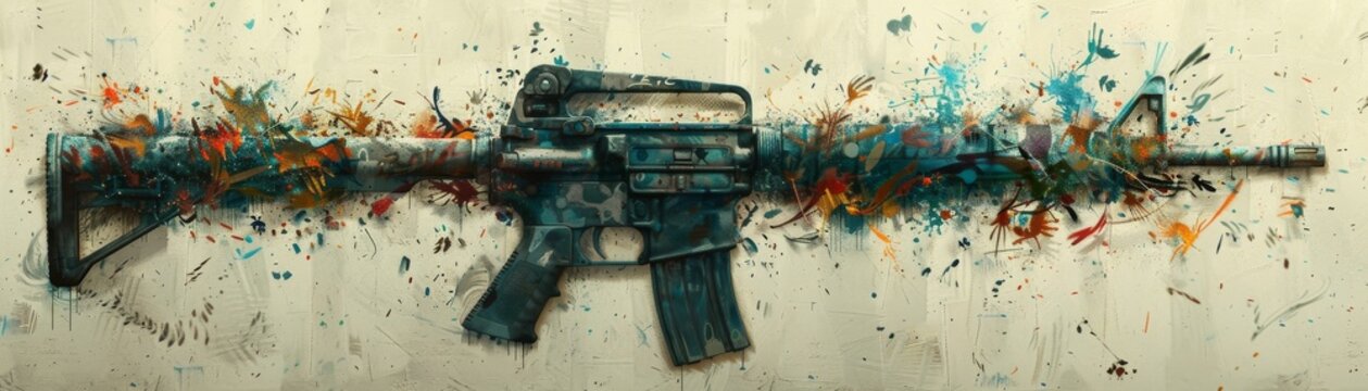 Paint Splattered Assault Rifle, Artistic Statement on Violence and Peace

