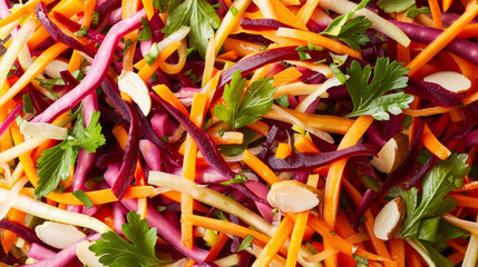 A salad featuring vibrant carrots, crisp radishes, and crunchy almonds, creating a colorful and nutritious dish.
