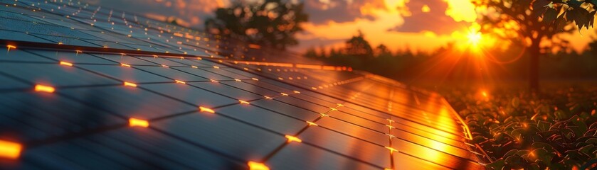 Sunset Over Solar Panels, Evoking Innovation and Sustainable Energy in a Rural Setting

