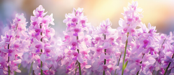 Obraz premium Collection of Purple Orchids flowers blooming in soft pastel bright colors on a vast natural spring floral wide background