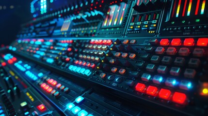 Fototapeta premium A stadiums lighting control panel displaying a dazzling array of buttons and digital displays.