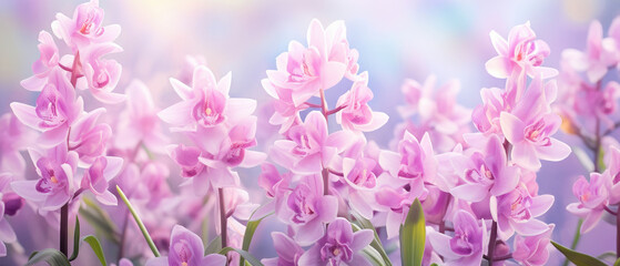 Collection of Purple Orchids flowers blooming in soft pastel bright colors on a vast natural spring floral wide background created with Generative AI Technology 
