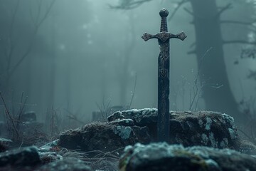 Naklejka premium A solitary sword rises from a rock in a mist-covered forest, evoking tales of chivalry and magic.
