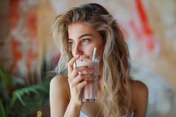 A woman is drinking a milkshake from a glass. She has blonde hair and is wearing a white top - obrazy, fototapety, plakaty