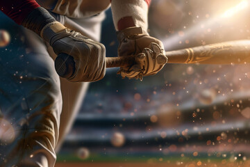 A baseball player is holding a bat and wearing a glove. The scene is set in a stadium with a crowd watching the game