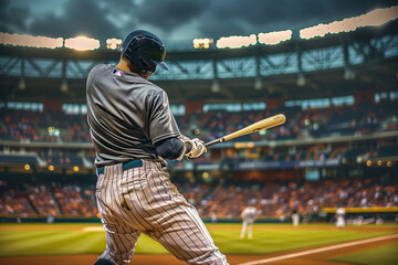 A baseball player is swinging a bat in a stadium. The stadium is filled with people watching the game
