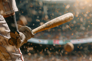 A baseball player is holding a bat and wearing a glove. The scene is set in a stadium with a crowd watching the game - obrazy, fototapety, plakaty