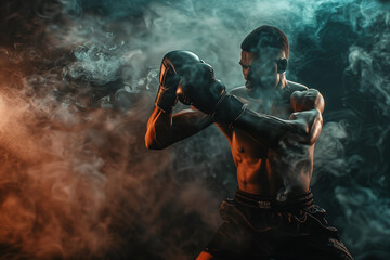 Fototapeta na wymiar A man in a boxing ring with smoke in the background. The man is wearing boxing gloves and he is in the middle of a fight
