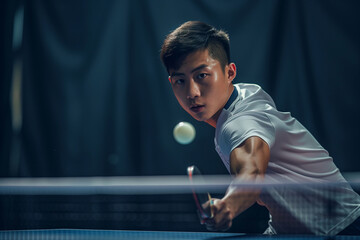 A man is playing ping pong and is about to hit the ball. Concept of focus and determination as the man prepares to make his move - obrazy, fototapety, plakaty