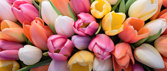 Collection of Colorful Tulips Flowers blooming in soft pastel bright colors on a vast natural spring floral wide background created with Generative AI Technology 