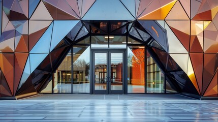 A unique geometricshaped entrance to a school with a sleek and polished finish highlighting the contemporary style of the building. - obrazy, fototapety, plakaty