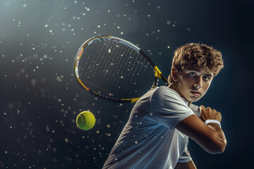 A young man is playing tennis with a tennis racket and a tennis ball. Concept of energy and excitement, as the boy is fully engaged in the game