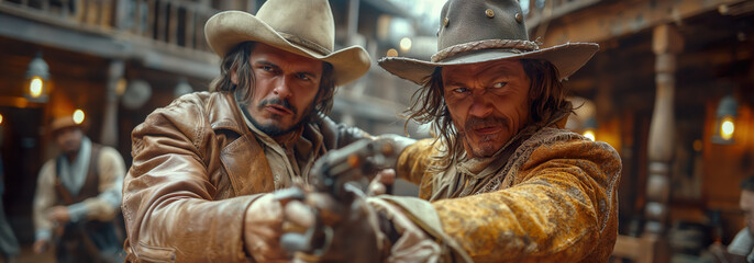Fighting Cowboys On A City Street. Illustration On The Theme Of Travel And History, Territory And Cinema. Generative AI	
